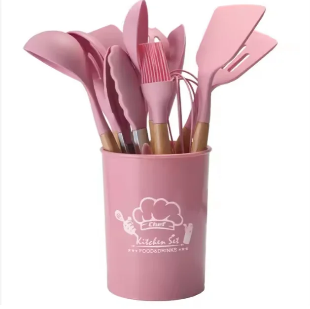 Reasonable Price 12 in One Silicone Kitchenware Products Non-Stick Heat Resistant Kitchen Utensils Set With Wooden Handle