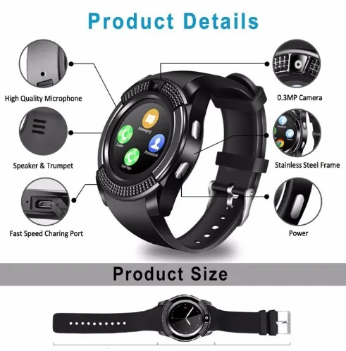 Fashion Pedometer 2g Sim Card Camera Watch Color Display Waterproof Device Wrist Smart Watch V8 Smartwatch for Android Ios