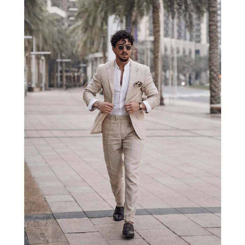 White Men Linen Short Suits Leisure Groom Tuxedo Double Breasted Casual Suits