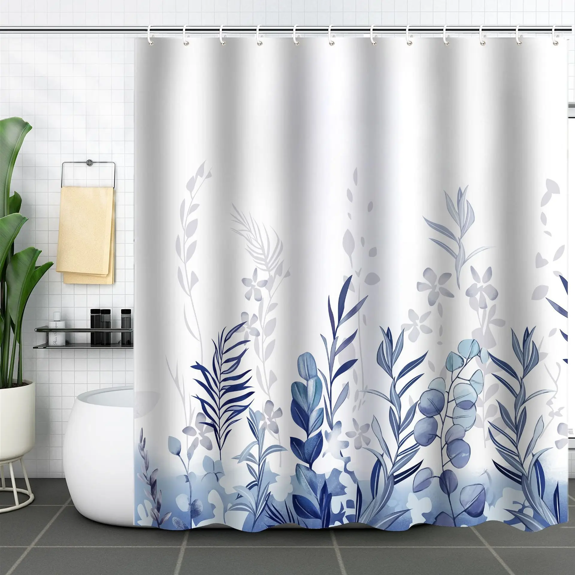 Grey Watercolor Floral Shower Curtain – Minimalist Botanical Bathroom Decor, 72x72 Inch, Waterproof Polyester