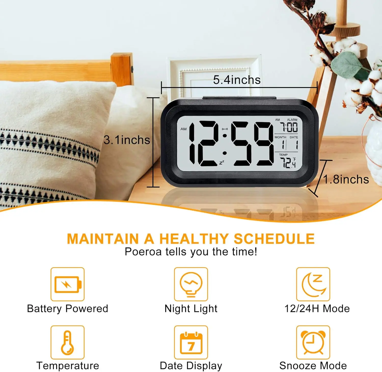 Home Decor LCD Digital Clock Large Display Calendar Date Time Temperature Led Table Desk Clock Smart Night Light Alarm Clock