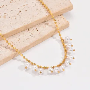 European American French Retro Stainless Steel Ball-Shaped Pearl Pendant Necklace Electroplated Fashion All-match