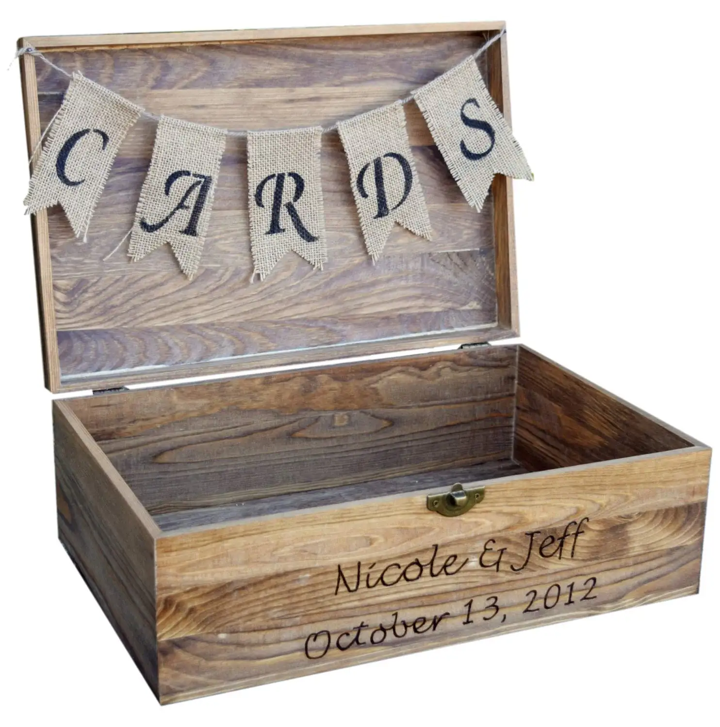 Rustic Style Wedding Card Box Holder with initials on the front of the trunk. 