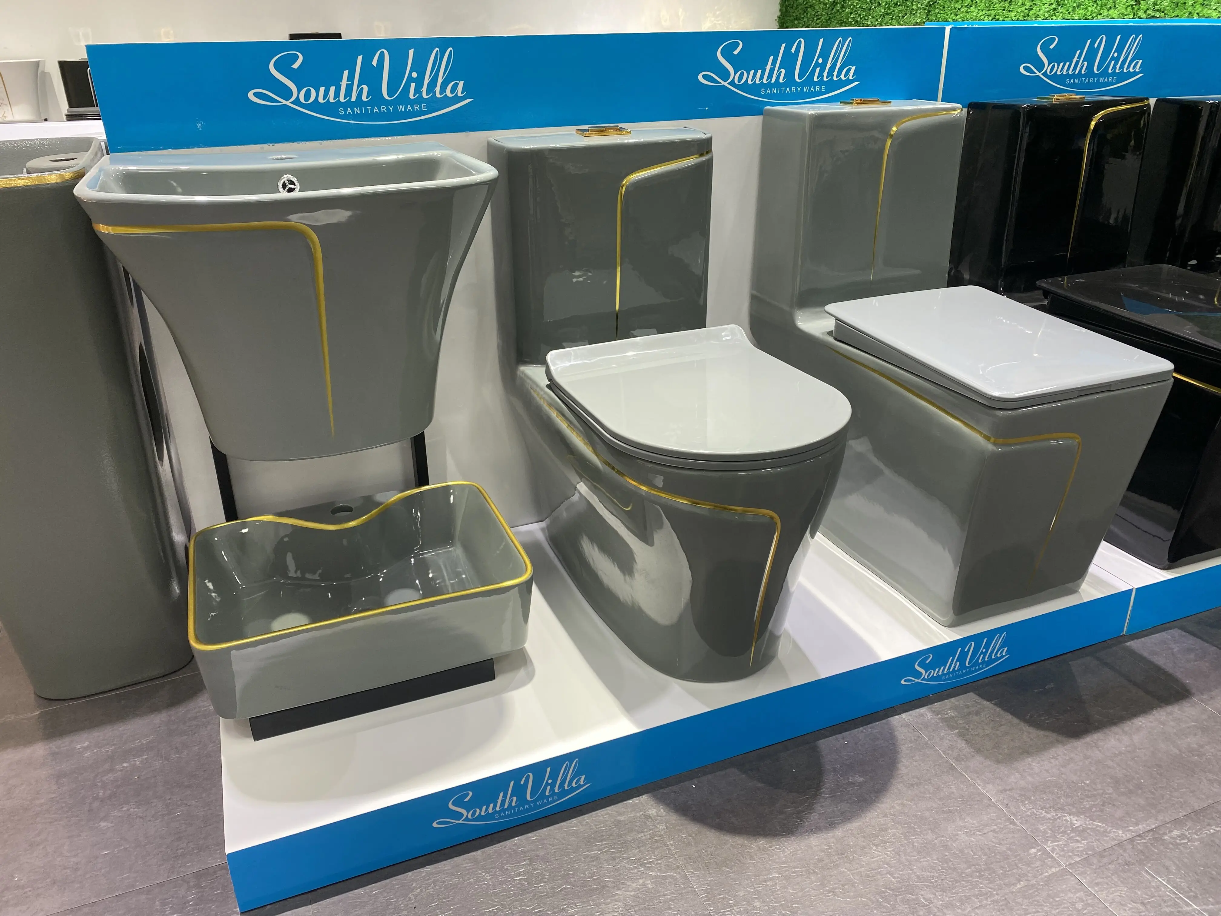 Gray Gold Line Luxury Design Wc Floor Mounted Water Closet Wash Basin Bathroom One Piece Toilet