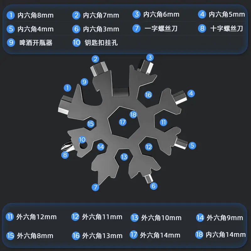 Multifunctional Snow Wrench Tool Steel Octagonal Hexagonal Easy to Carry 18-in-1 Mini Universal Wrench