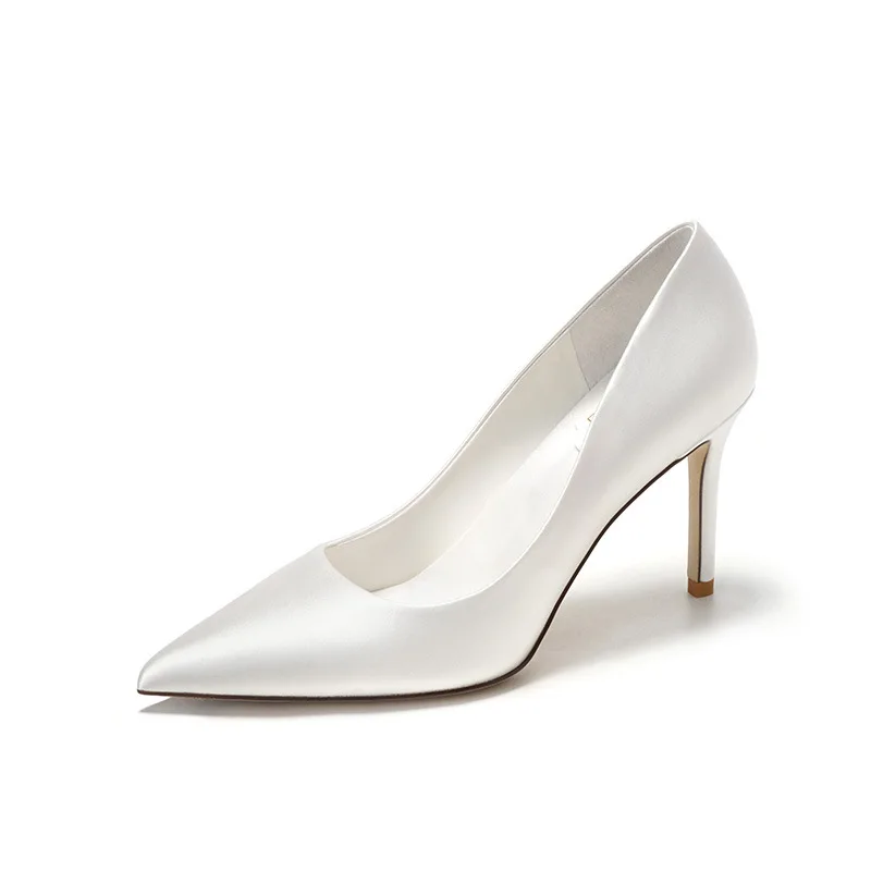 Cheap Silk Size 43 Pointed Toe Bride Pyramid Low White Heels For Wedding - Image 1