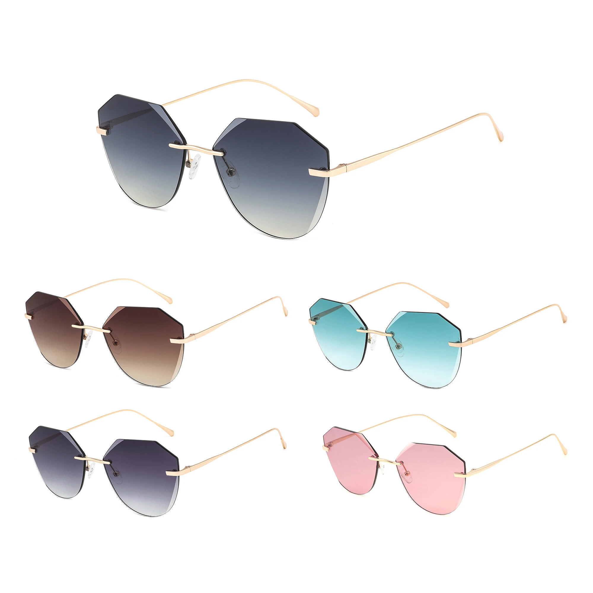 2025 New Arrival Premium Rimless Cat Eye Sun Glasses Unisex UV400 Diamond Cut Polygon Shades Metal Rimless Sunglasses