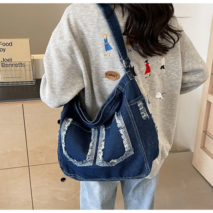 Vintage Denim Hobo Bag - Adjustable Crossbody Shoulder Bag For Casual Everyday Use