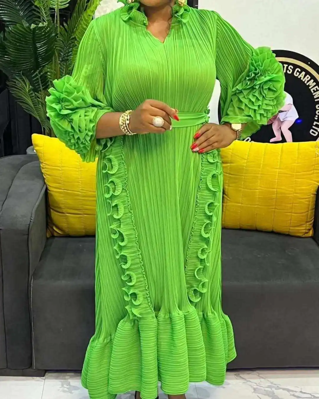 Miyake New Style Export Pleated Hand-Cranked Flower Trim Fashion Plus Size Long Dress Abaya Women Dress