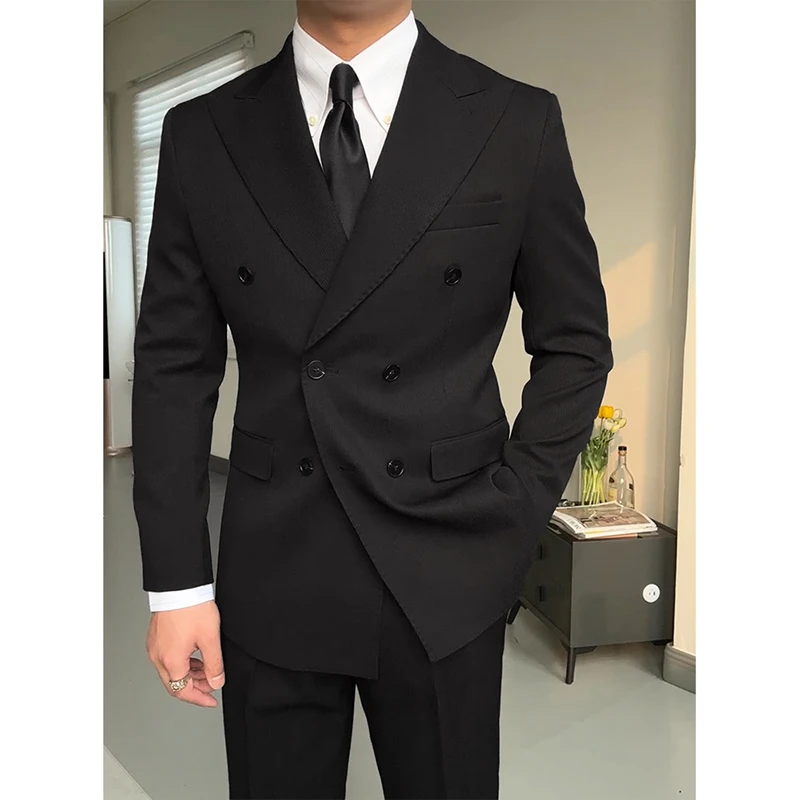High-End Men's Black Double-Breasted Suit Lapel Collar Worsted Button Fly Button Zipper Pure Color for Business Wedding Banquet
