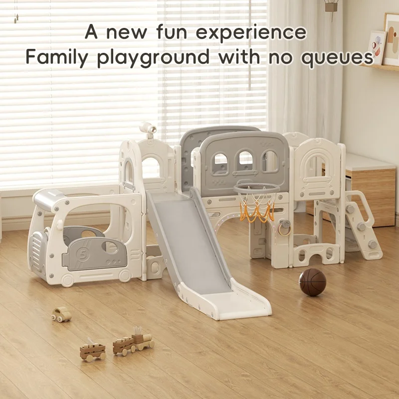 Bus-Shaped 5-in-1 Plastic Children Indoor Slide Swing Set Multi-functional Toddler Activity Center Climber Kids Home Play Set