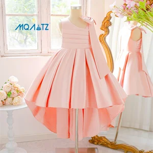 Pink Floral Tailing Kids Wedding Dress for Girls Satin Material O-Neck Collar Bow Formal ALP696 for Birthday Other Occasions