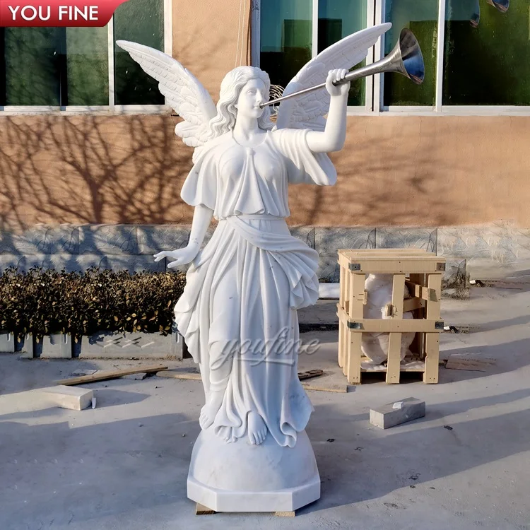 Natural Life Size White Marble Angel Wings Statue with Trumpet for ...