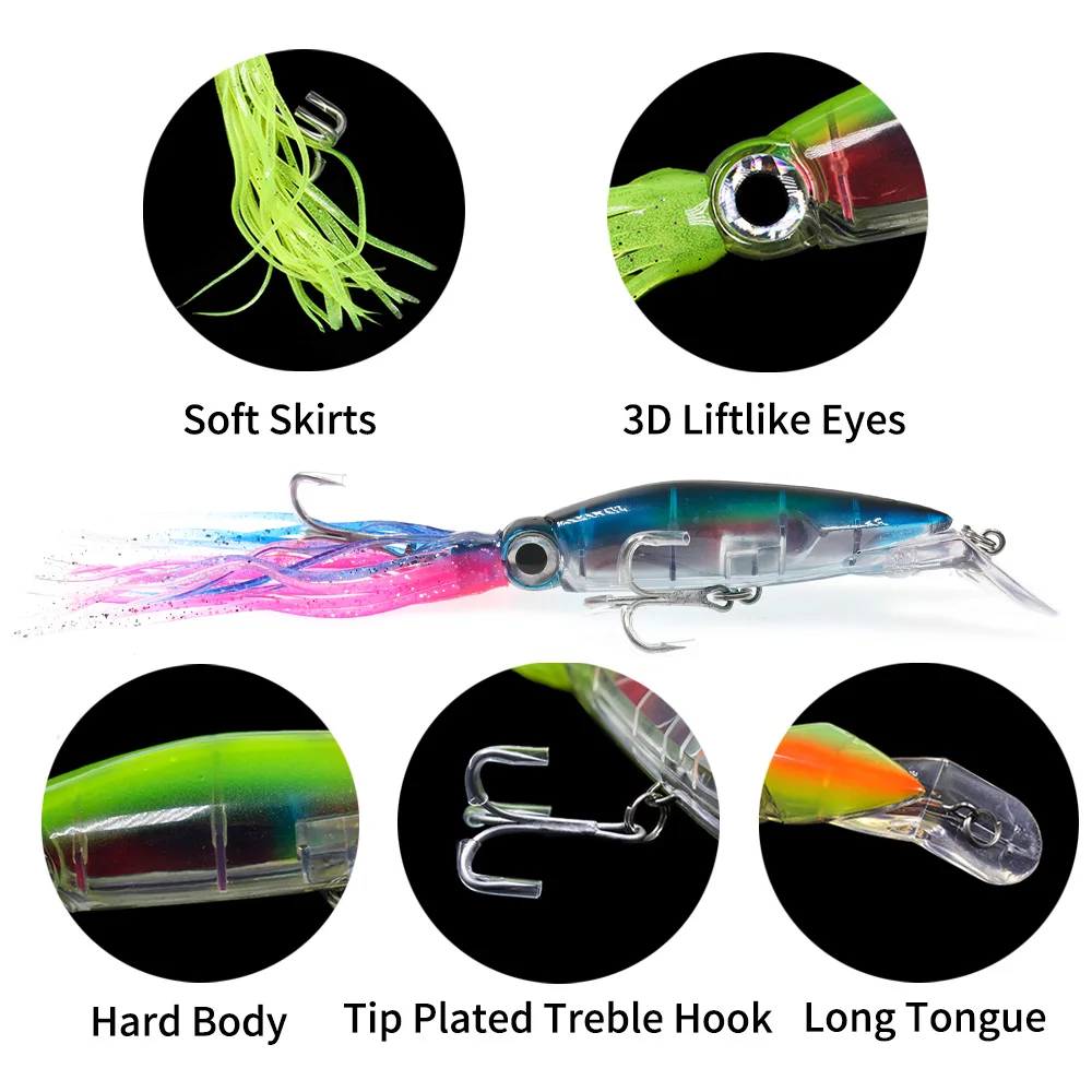 14cm/43g colorful squid lures with treble