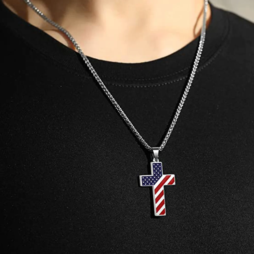 Personalized American Flag Patriotic Cross Necklace Christian Religious Bible Verse Pendant Jewelry for Men Women Memorial Gift