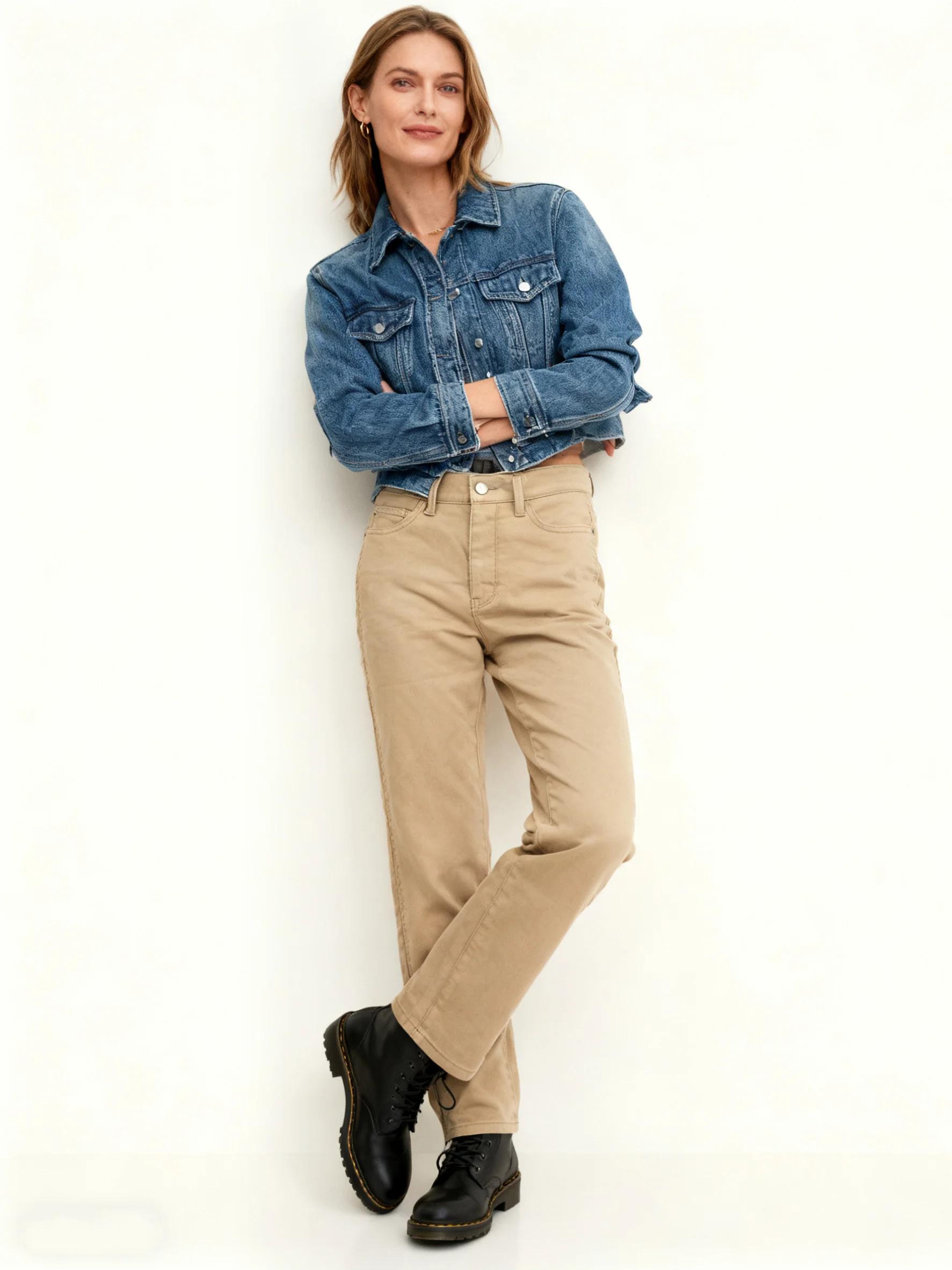 Khaki Jeans for Women with Elastic Wide Legs