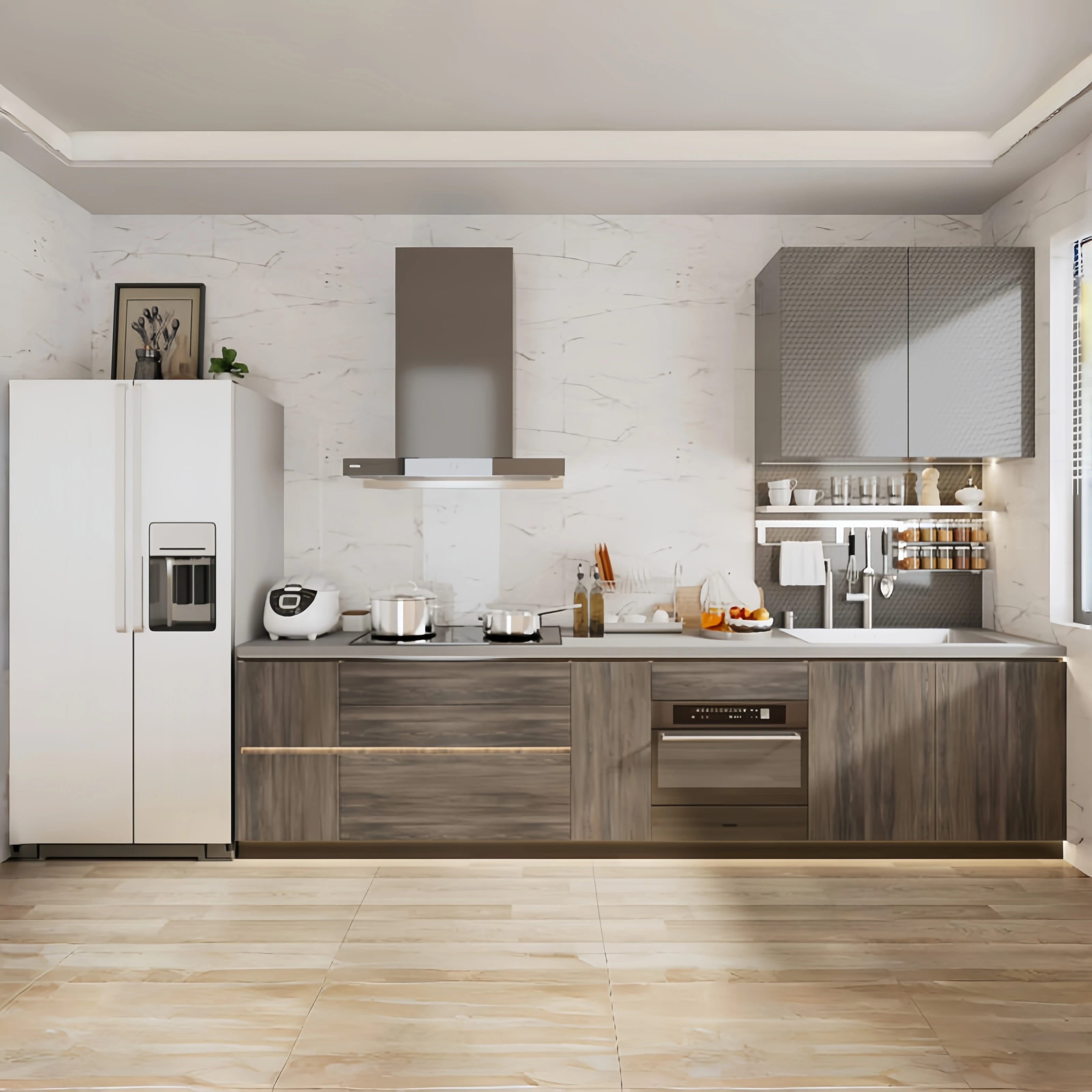 For OPPEIN American DIY Fitted Kitchen Veneer Melamine Cabinets Prefab Factory Direct Price Small Kitchen Plywood Carcase Sink