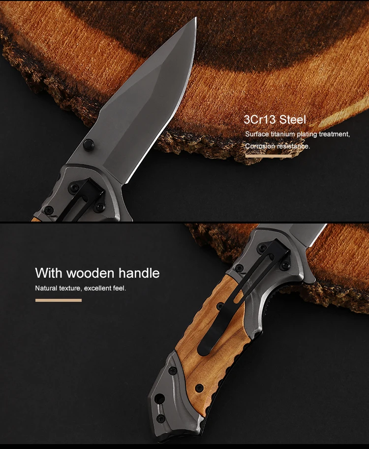 X49 Olive Wood Handle Folding Knife Titanium Coated Blade Drop Point