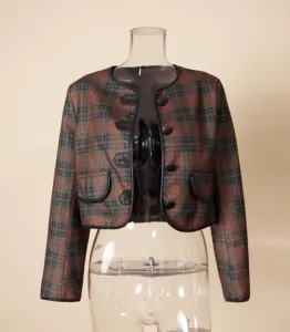 Hot Selling TOB Retro Green Checkered Elegant Temperament, Women's Long Sleeved Jacket