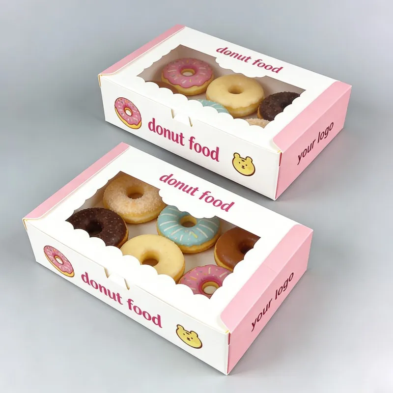 Custom logo Food-grade Doughnut Packaging Box Popping Carton Doughnut Paper Box with PET Window Fast Food Box