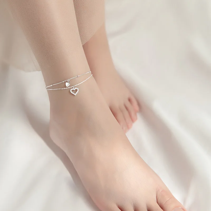 WMS4571 Layered 925 Sterling Silver Double Heart Anklet for Girls Women Birthday Gifts Summer Beach Ankle  Dainty Jewellery