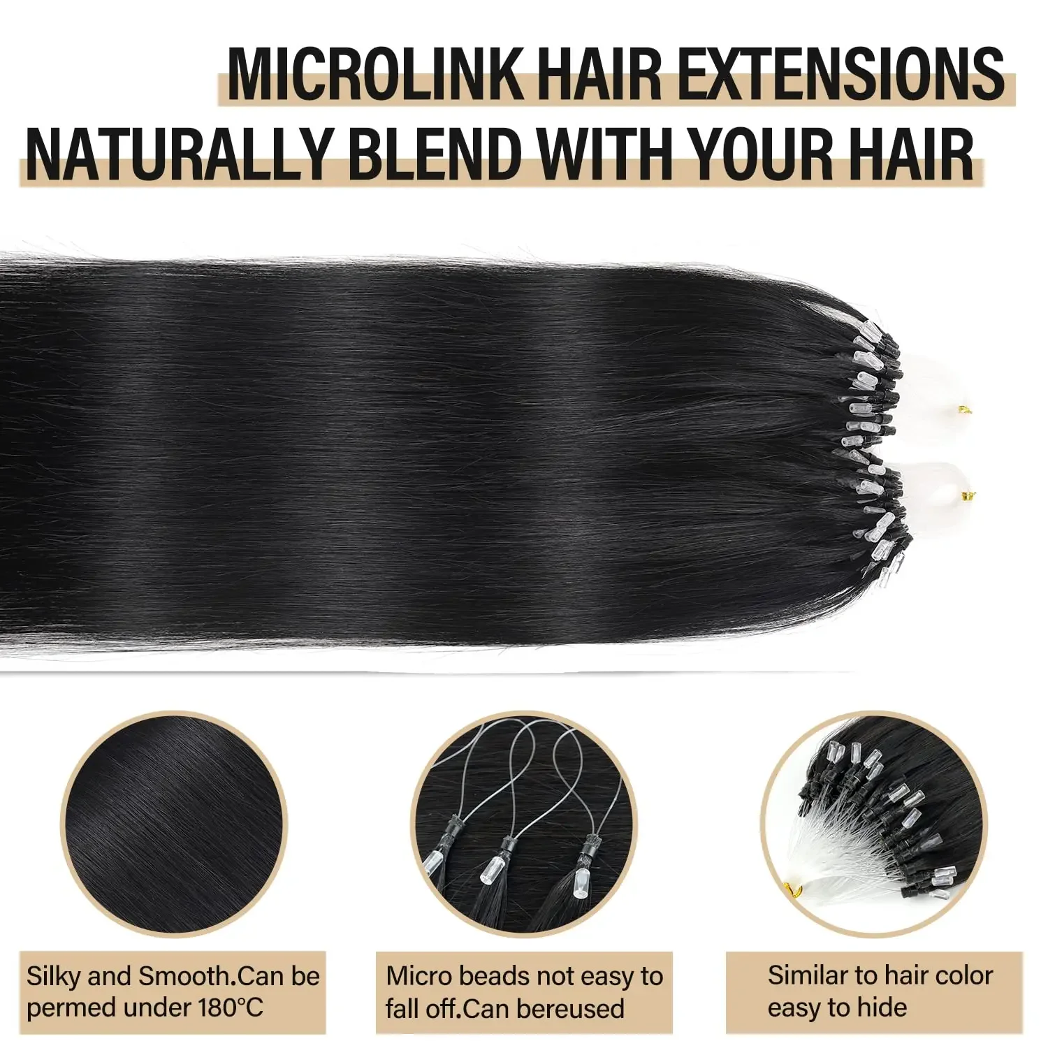 Extensii de păr Micro Ring, păr uman negru natural, cu perle Microlink, buclă dreaptă_voghion.com
