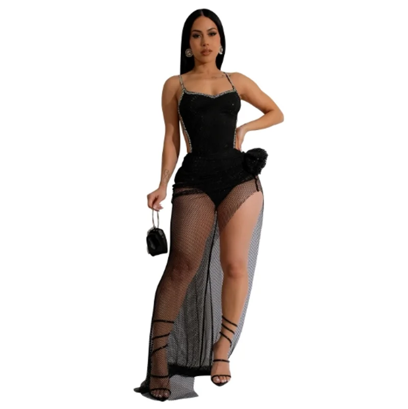 Fashion 2024 Factory New Mesh See-through Dress Women's Solid Color  Irregular Halter Long Dresses for Women