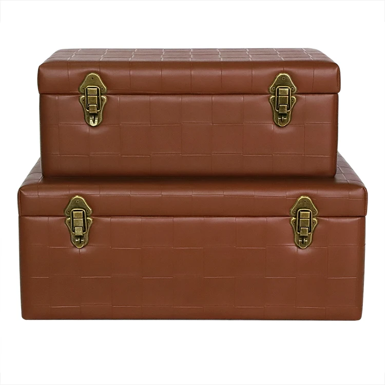 Set of 2 Brown Leather Trunks Pu Leather Trunks with Vintage Bronzed Metal Lock Accessory