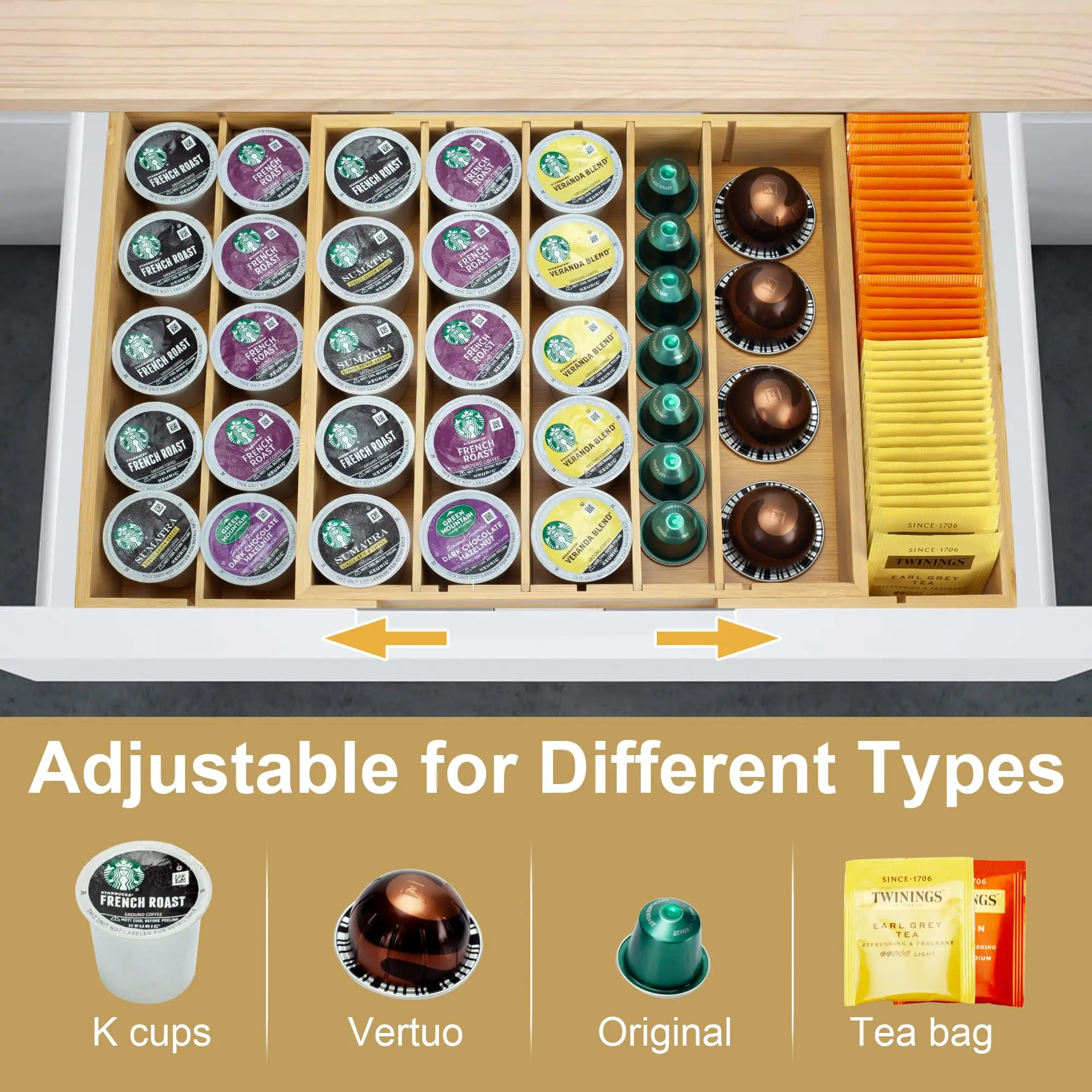 product modern bamboo k cup holder drawer organizer expandable countertop coffee bag storage stand for office or kitchen use-9