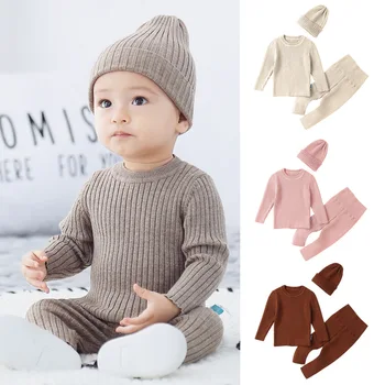 Infant Baby Boys Girls Knit Base Shirt Long Sleeve Tops+ Pants + Hats Clothing Sets Autumn Winter Kids Pure Color Boy Girl Suit