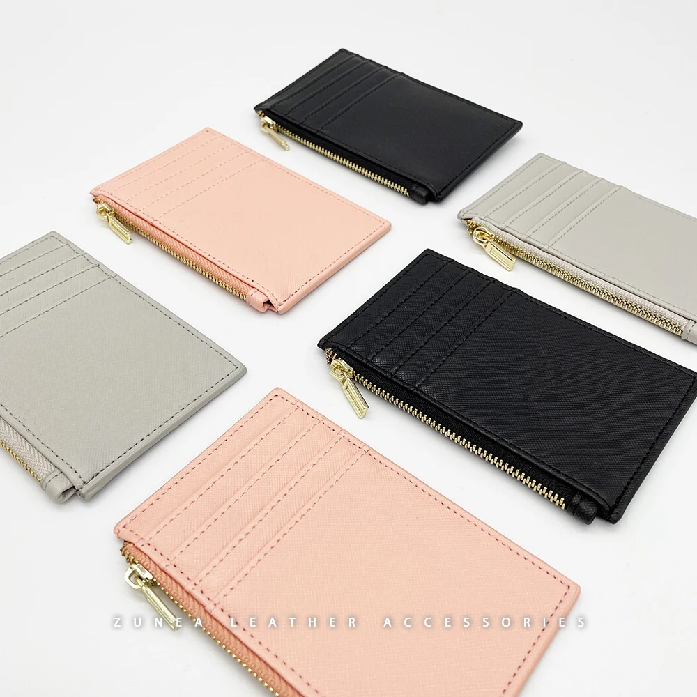 Multi Card Slots Zipped Leather Small Card Holders Saffiano Leather Zip Cardholder Wallet