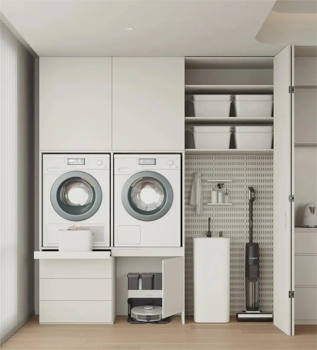 Laundry Room Washing Machine Design with Pegboard Shelf Rack