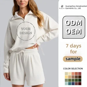 ODM OEM Custom High Quality Cotton Fleece Women's Hoodie Sweatshirt Custom Full Zip Hoodie Shorts Set Clothing Manufacturers