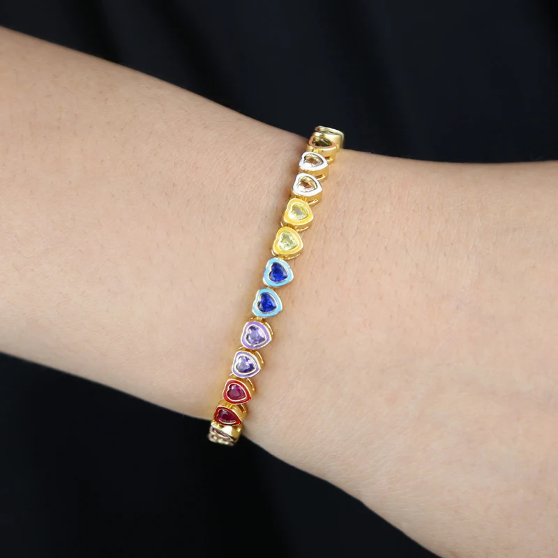 Gradient Ramp Colorful Bezel Heart Tennis Bracelet 5A CZ Gold Plated Women Fashion Rainbow Jewelry