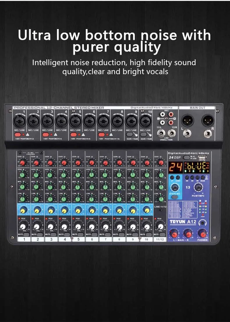 TEYUN A12 Channel Audio Mixer - Professional Multi-Channel Mixing