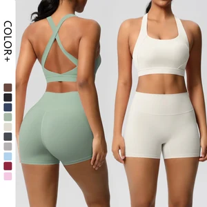 High Quality Customize logo Gym 2 Pieces Set Breathable Active Wears Quick Dry Shorts Yoga Set for Women