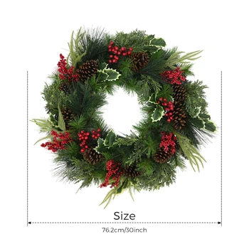 Classic Green Red 30 Inch PVC Pine Cone Berry Holiday Door Hanging Christmas Wreath
