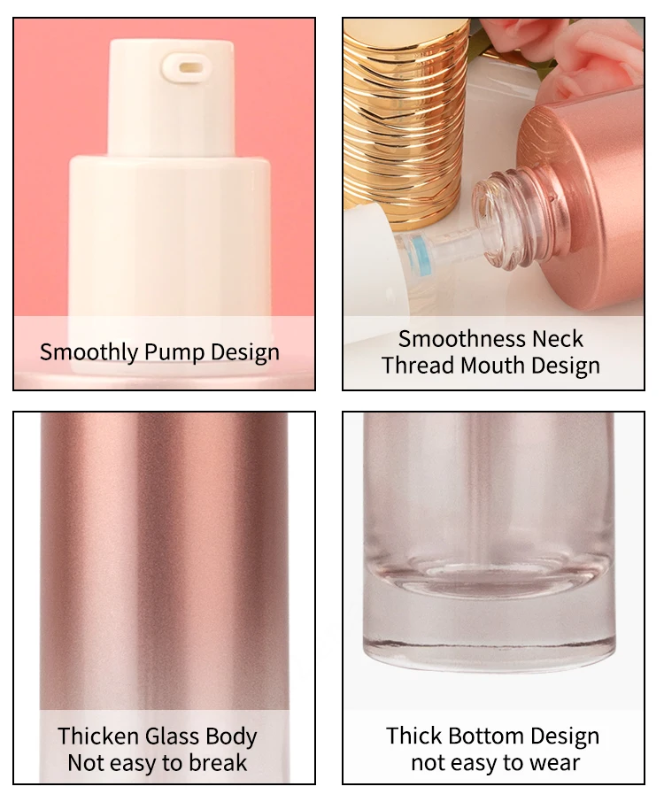 50ml high end thick bottom skincare packaging set pink cylinder glass pump bottle cosmetic face cream jar details