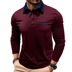 European American Men's 100% Cotton Henry T-Shirt Autumn Long Sleeve Classic Cross-Border for Polo Solid Contrast Lapel Plain Dy