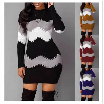 Autumn Short Skirt Round Neck Long Sleeves Knitted Women Long Skirt Round Neck Sweater Dress Plus Size