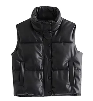2022 Women's Quilted Faux Leather Down Vest Zip Collar Sleeveless Padded Shiny Puffer Jacket Down Vest