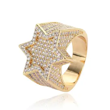 Men&#39;s Ring Plated Personality Exaggerated Hiphop Jewelry Gold Copper Hip Hop Microinset Zircon Hexawn Star Engagement Gift