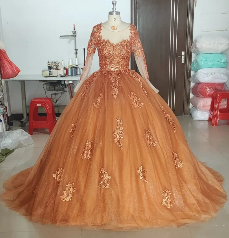 Custom Made Size/Color Designer Lace Applique Bridal Wedding Gowns Long Sleeve Ball Gown Quinceanera Dresses