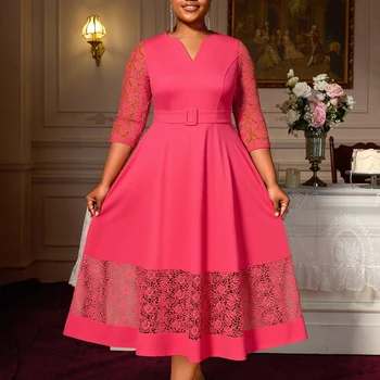 AM050632 Elegant Fall V Neck 3/4 Lace Sleeve a Line Plus Size Watermelon Red Midi Formal Women's Casual Dresses with Belt