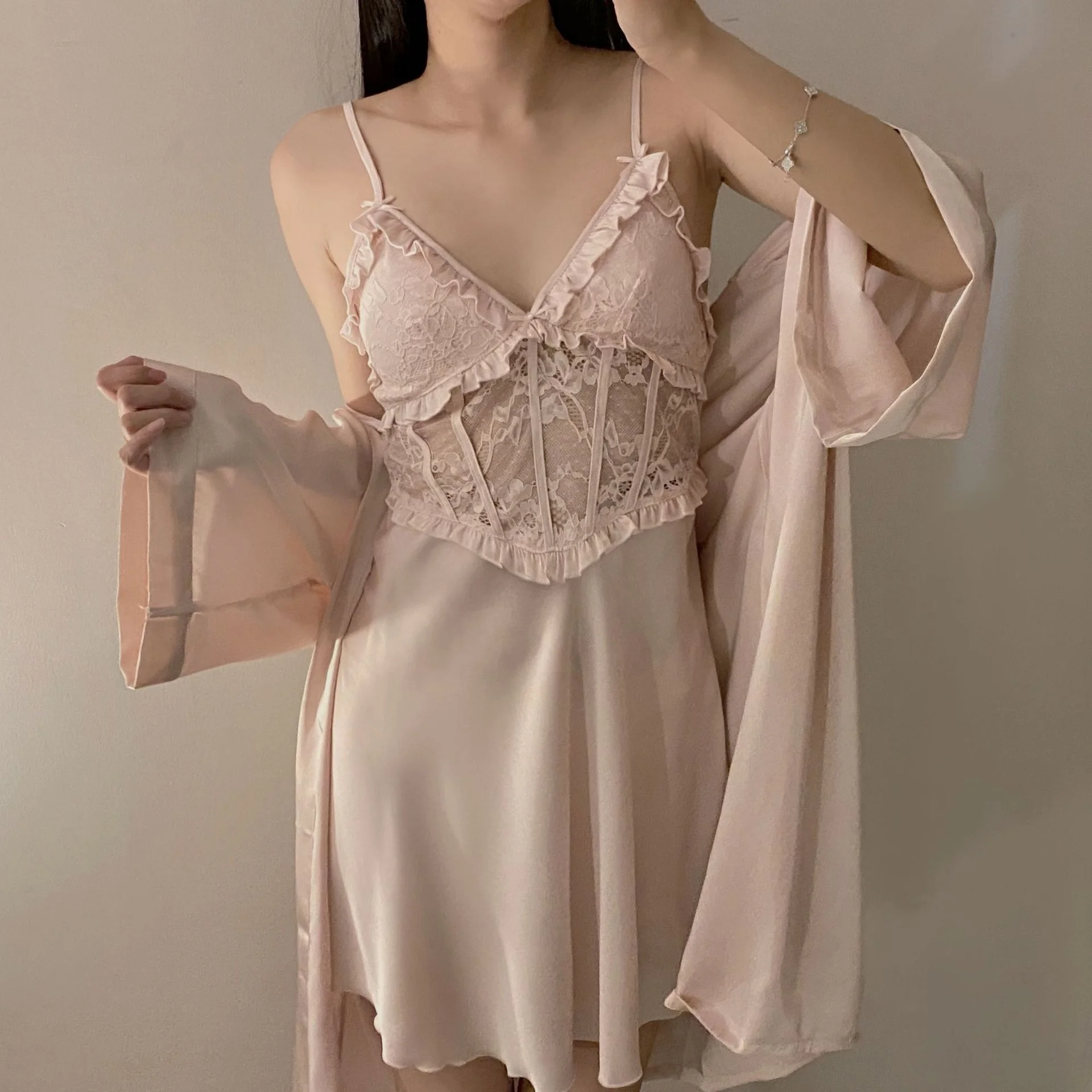 Solid Color Two Pieces Lace Embroidered Sleepwear Robe Set Sexy Marriage Bridal Robe Elegant Silk Satin Pajamas for Women