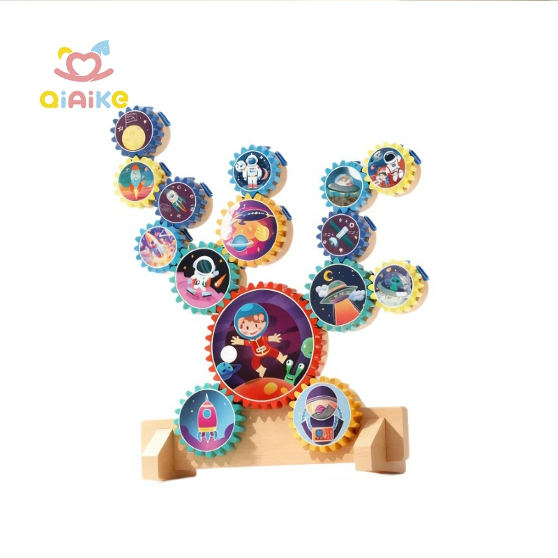 Kinderspielzeug aus Holz: Verschiedene Zahnräder als Bauklötze – spaßiges, weltraumthemenbasiertes DIY-Dreh-Zahnradsystem zum Selberbauen für Kinder – frühkindliches Lernspielzeug