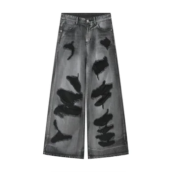 Four Seasons New High Street Utility Style Wide Mop Denim Pants Solid Pattern Rivet Embroidery Decoration Stonewashed for Spring