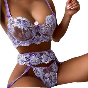 Women's Sexy Three-Piece Purple Lace Lingerie Set Transparent Erotic Underwear Machine Embroidery XL Nylon Bodysuit Light Adults