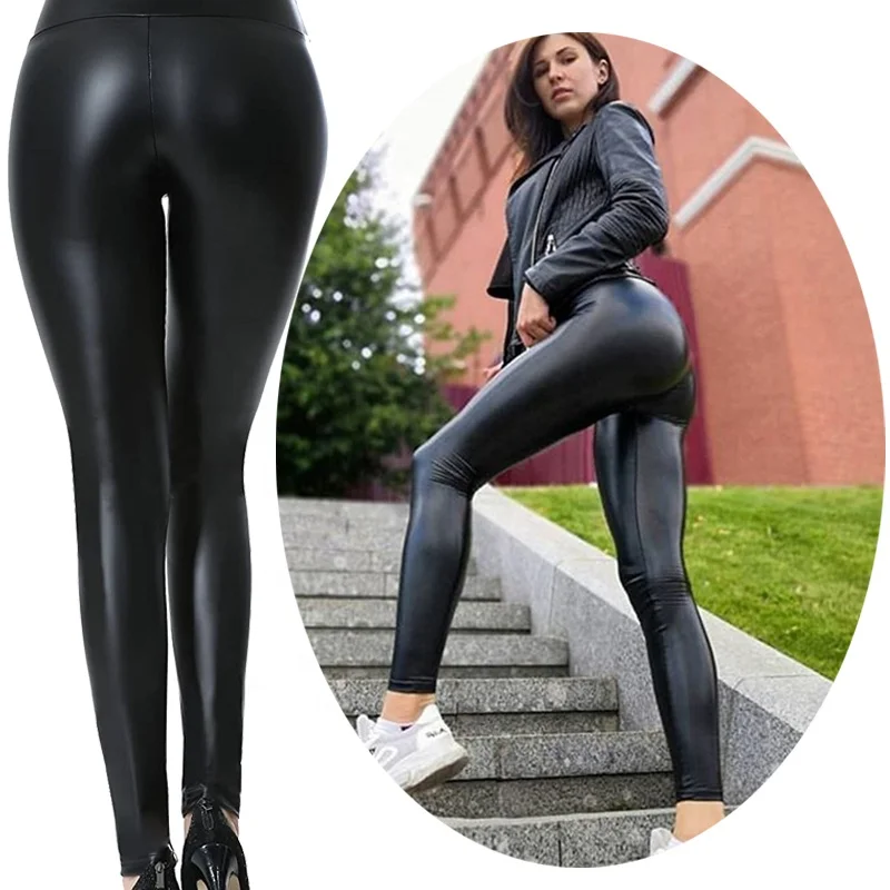 Women's Fashion Sexy Shiny Solid Color Faux Leather Mid-waist Tight Pants 