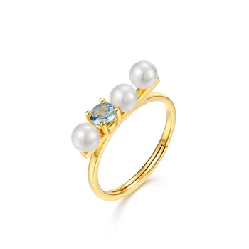 Minimalist Jewelry Women Gold Plated Blue Topaz And Shell Pearl Finger Ring Engagement 925 Sterling Silver Ring